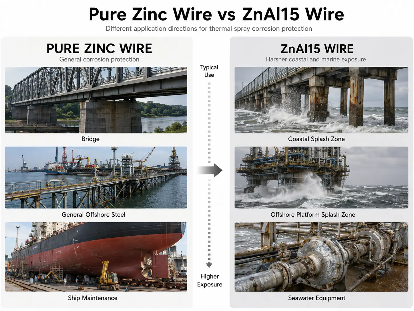 Zinc wire vs ZnAl15 wire application comparison for bridge offshore and marine corrosion protection thermal spray Zinc wire vs ZnAl15 wire application comparison for bridge offshore and marine corrosion protection thermal spray